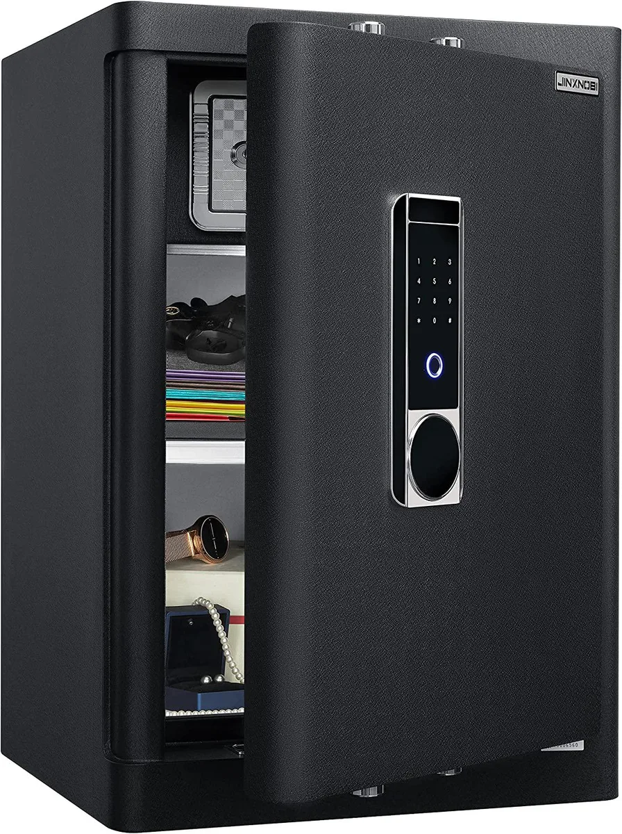 Large grey steel safe with biometric keypad and handle, 25.2 inches tall, heavy 90.5lb construction