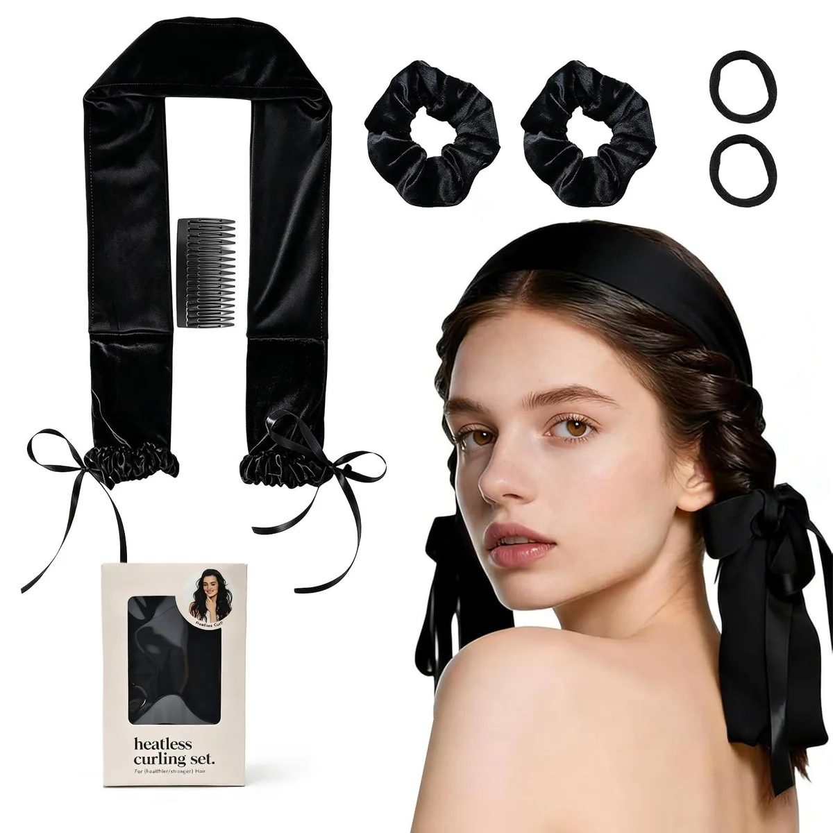 Soft velvet headband kit with satin scrunchies and comb for overnight heatless curls