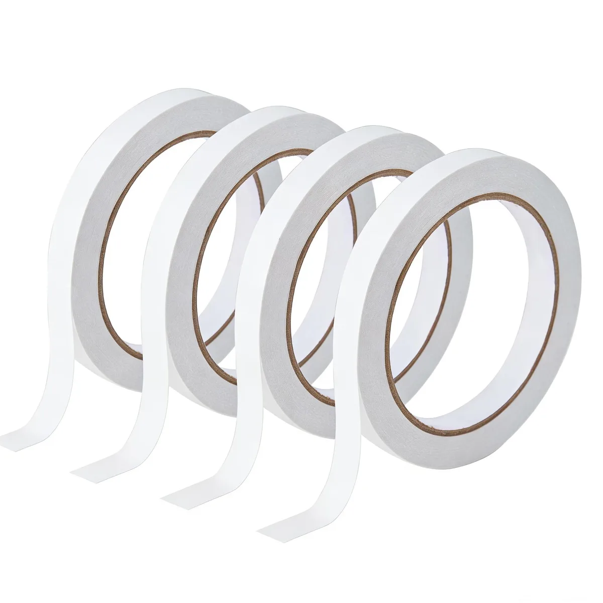 Four rolls of narrow double-sided adhesive tape on white cores, translucent film, 6 mm wide