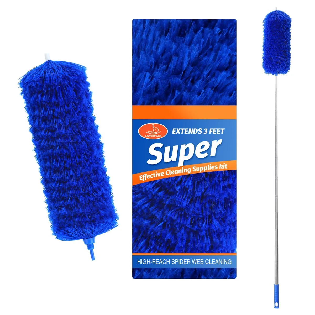 Black microfiber feather duster with bendable head and telescopic handle extended to 91.5 inches
