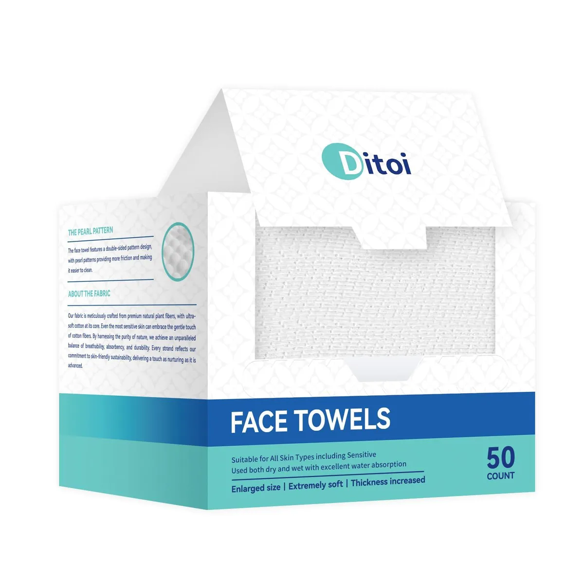 White rectangular box containing 50 disposable plant-fibre face towels