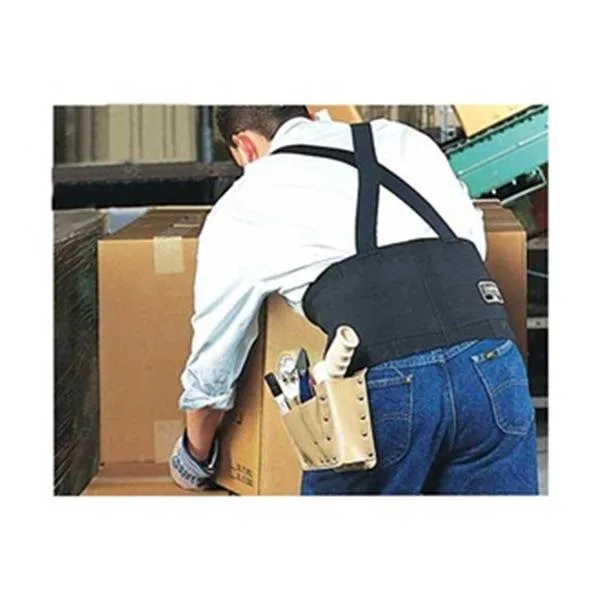Black elastic back support with detachable suspenders and hook-and-loop closure