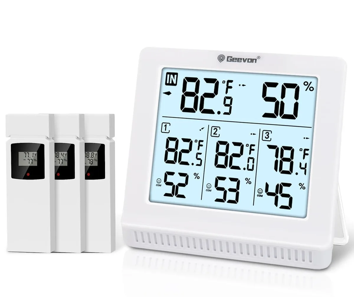 White wireless thermometer base unit with 5-inch backlit LCD display and three remote sensors