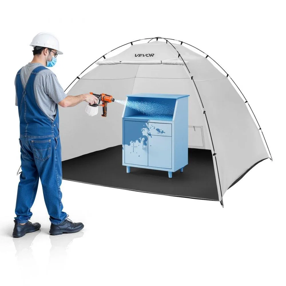 White rectangular Oxford fabric paint booth tent with fiberglass pole frame and mesh ventilation windows