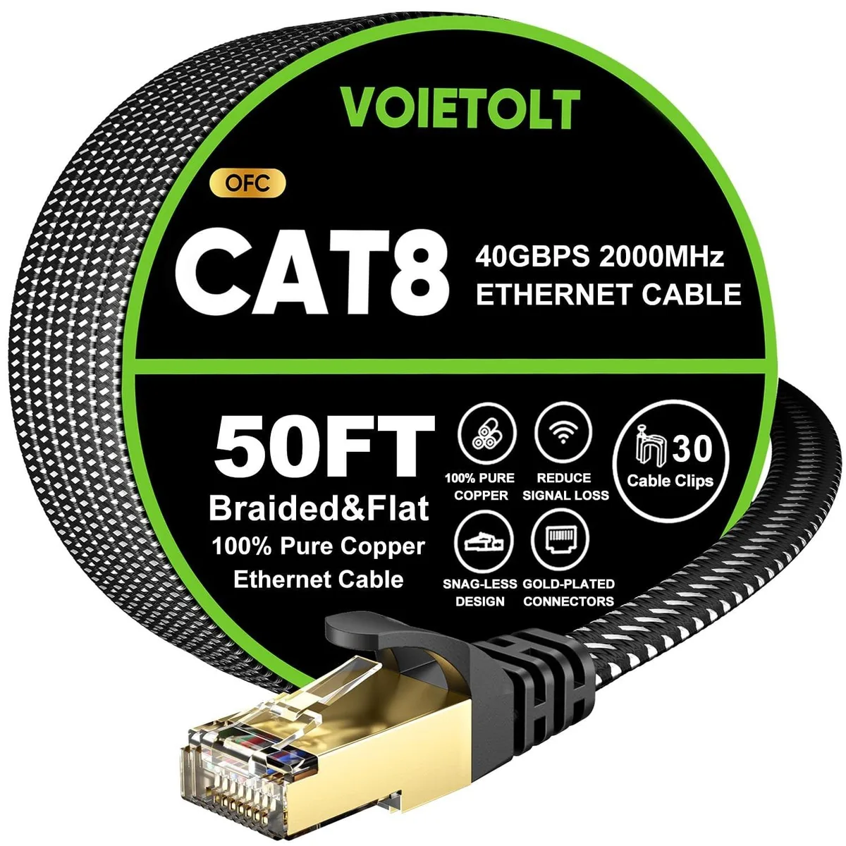 Batianda Batianda Cat 8 Ethernet Cable 50 FT Flat Braided 40Gbps 2000Mhz SSTP 2 in 1 accessory — product photo