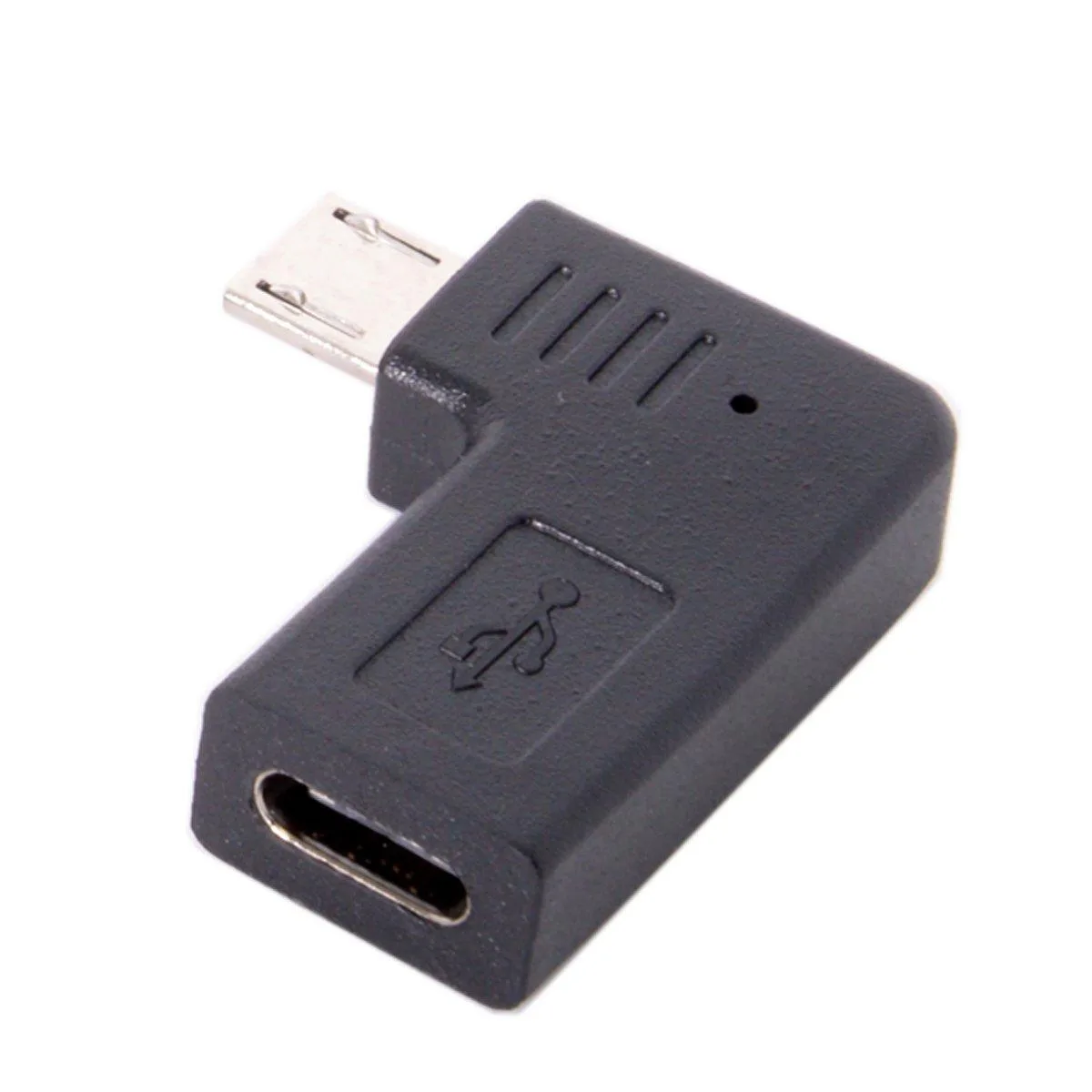 Compact white USB-C female to micro USB male adapter with 90 degree left angle