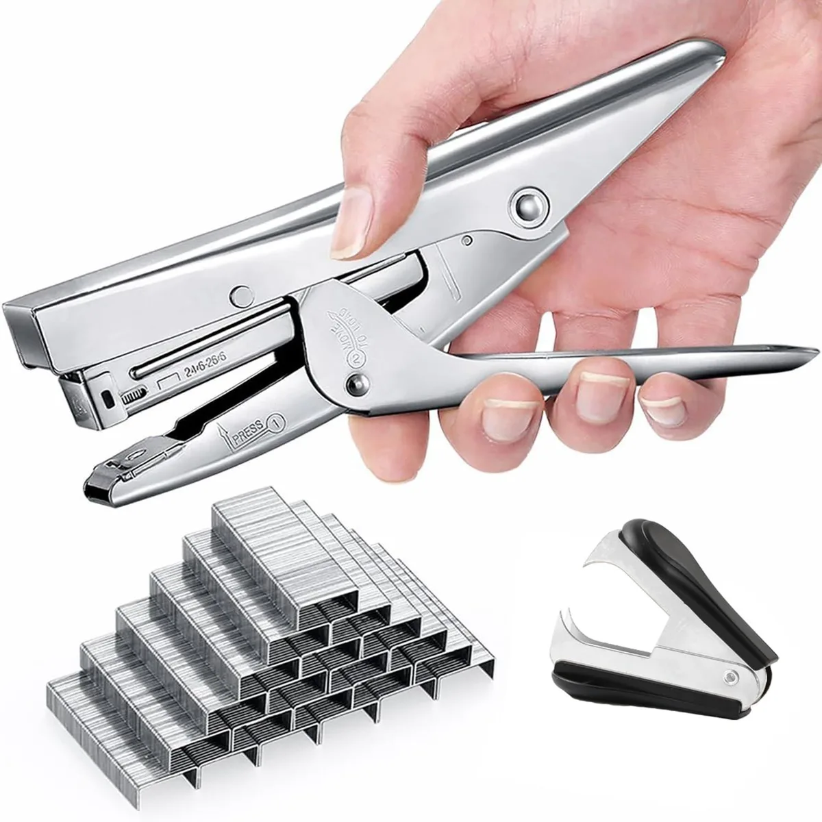Silver metal desktop stapler with ergonomic grip, 7.1 by 3.2 inches