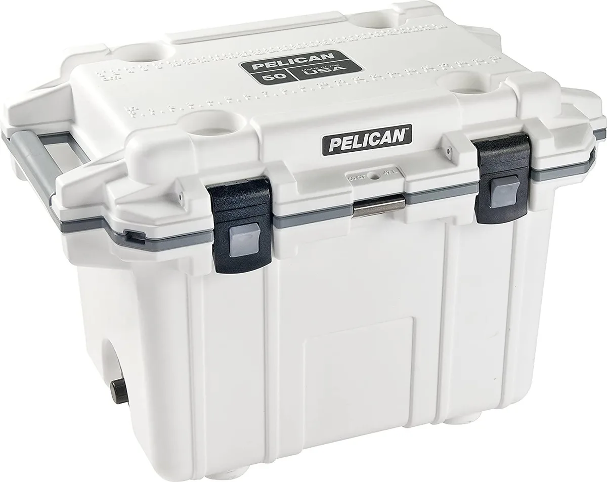 White rectangular cooler with moulded cup holders and carry handle