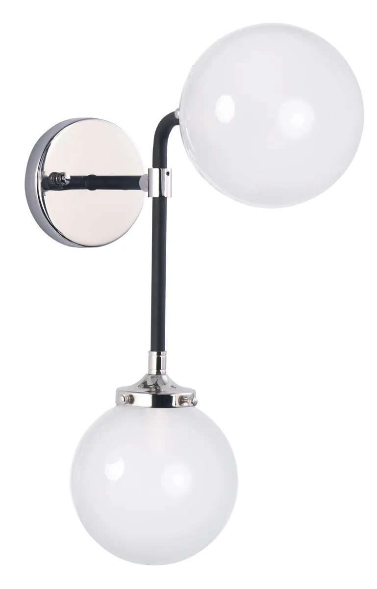 Black metal swing-arm wall sconce with two white opal glass globes and polished nickel accents
