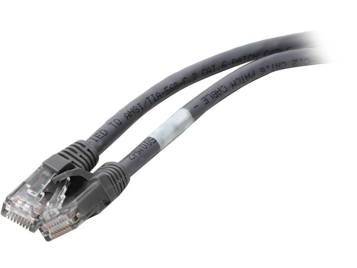 Gray Cat6 patch cable with snagless RJ45 plugs, 15 ft