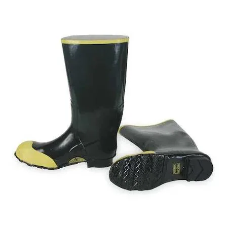 Black knee-high rubber work boot with steel toe and chevron tread