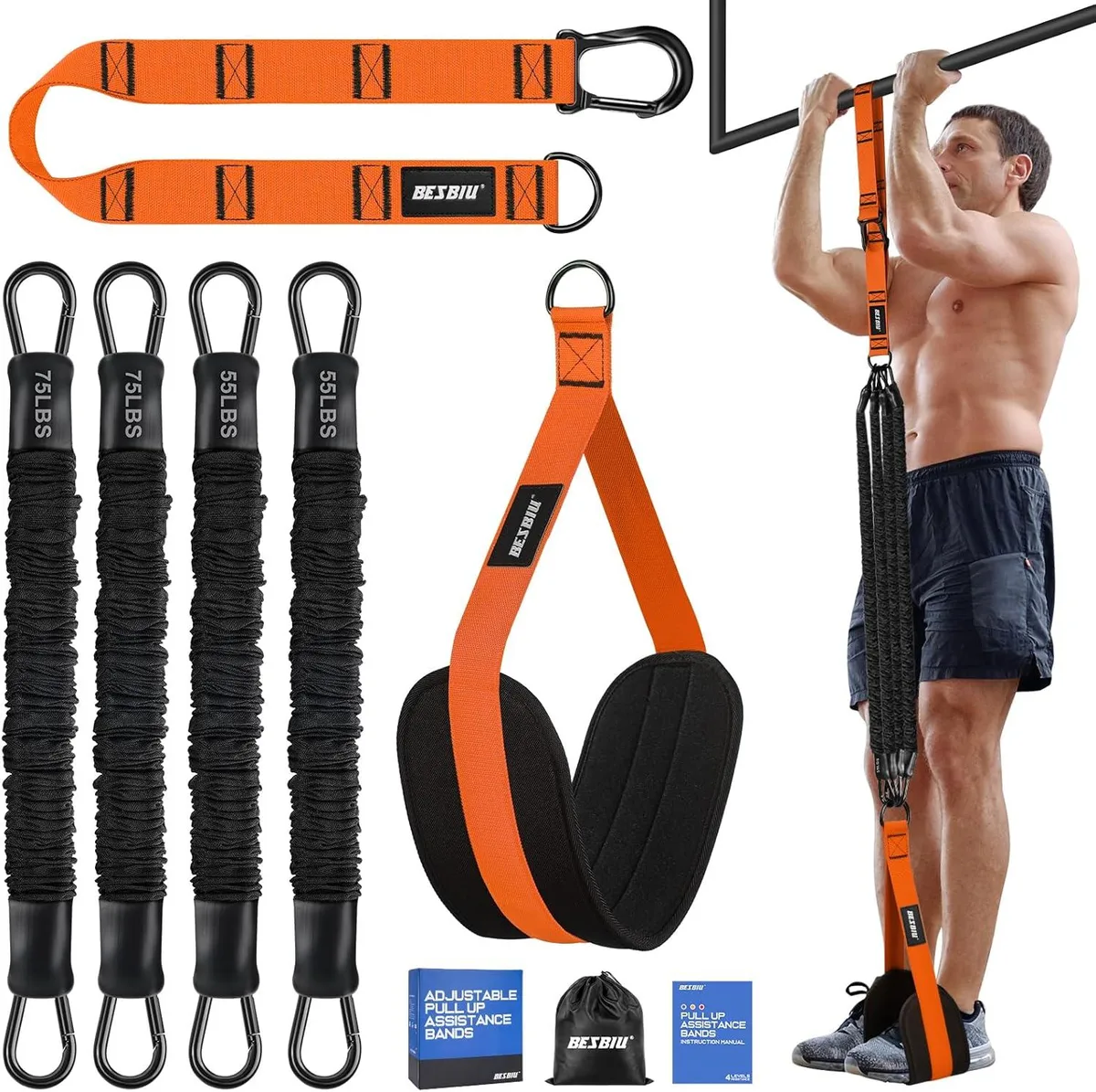 Four heavy resistance bands with adjustable nylon strap and foot loop, black and grey colours