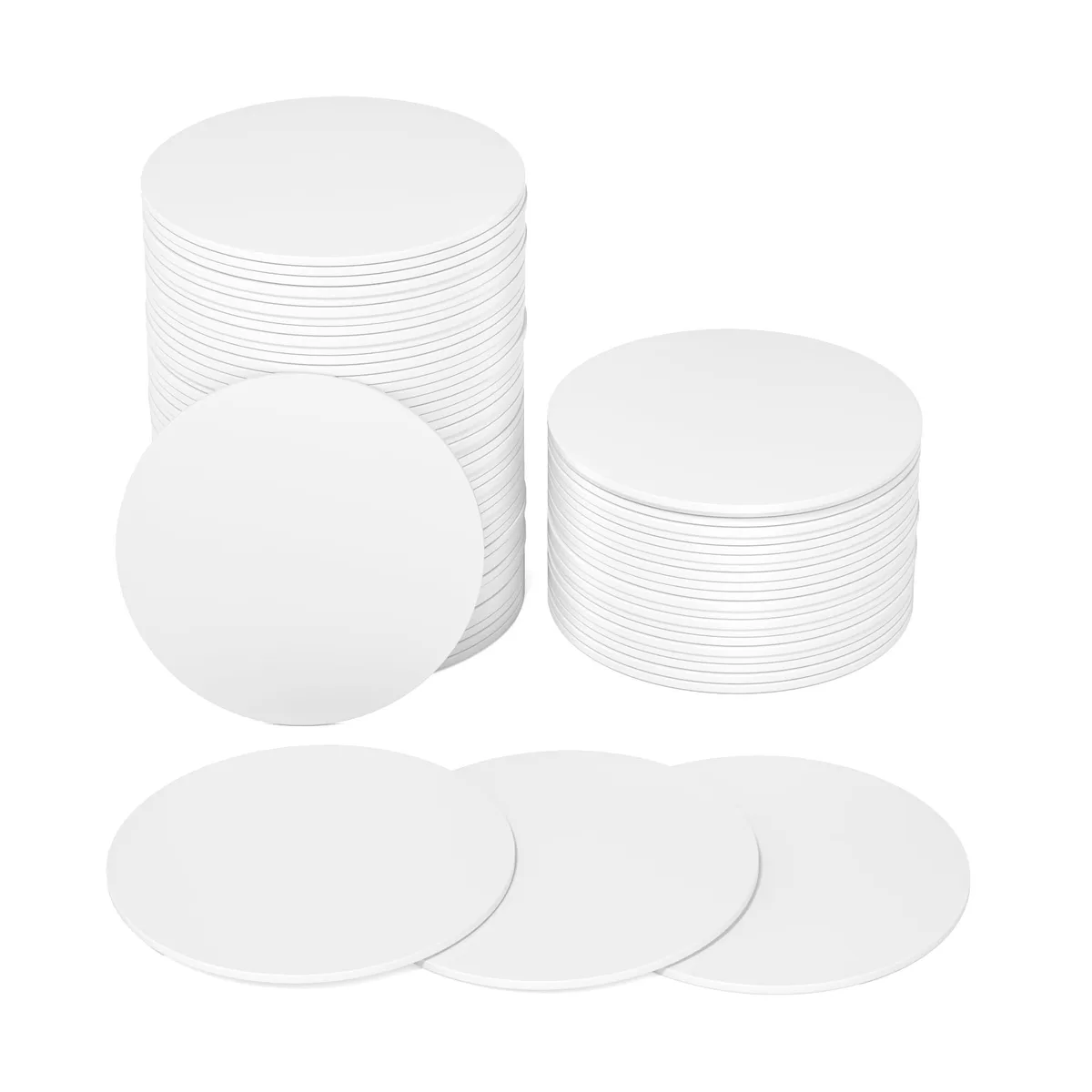Pack of fifty round white PVC cards, 25mm diameter, glossy finish