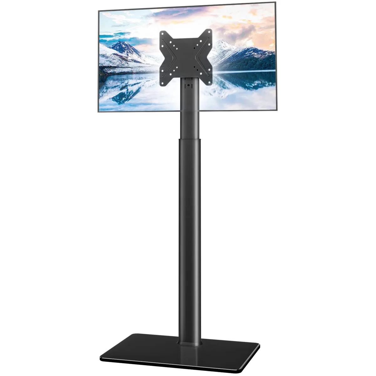 Black floor TV stand with steel column, tempered glass base, swivel and tilt bracket for 19 to 43 inch screens
