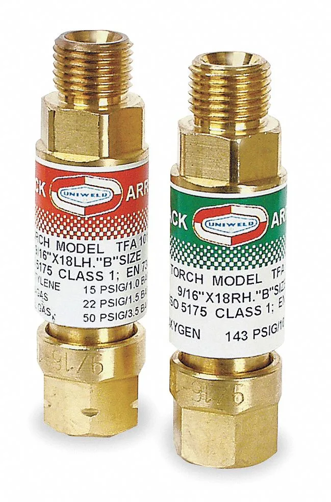 Pair of brass flashback arrestors with 3/8-24 UNF fittings