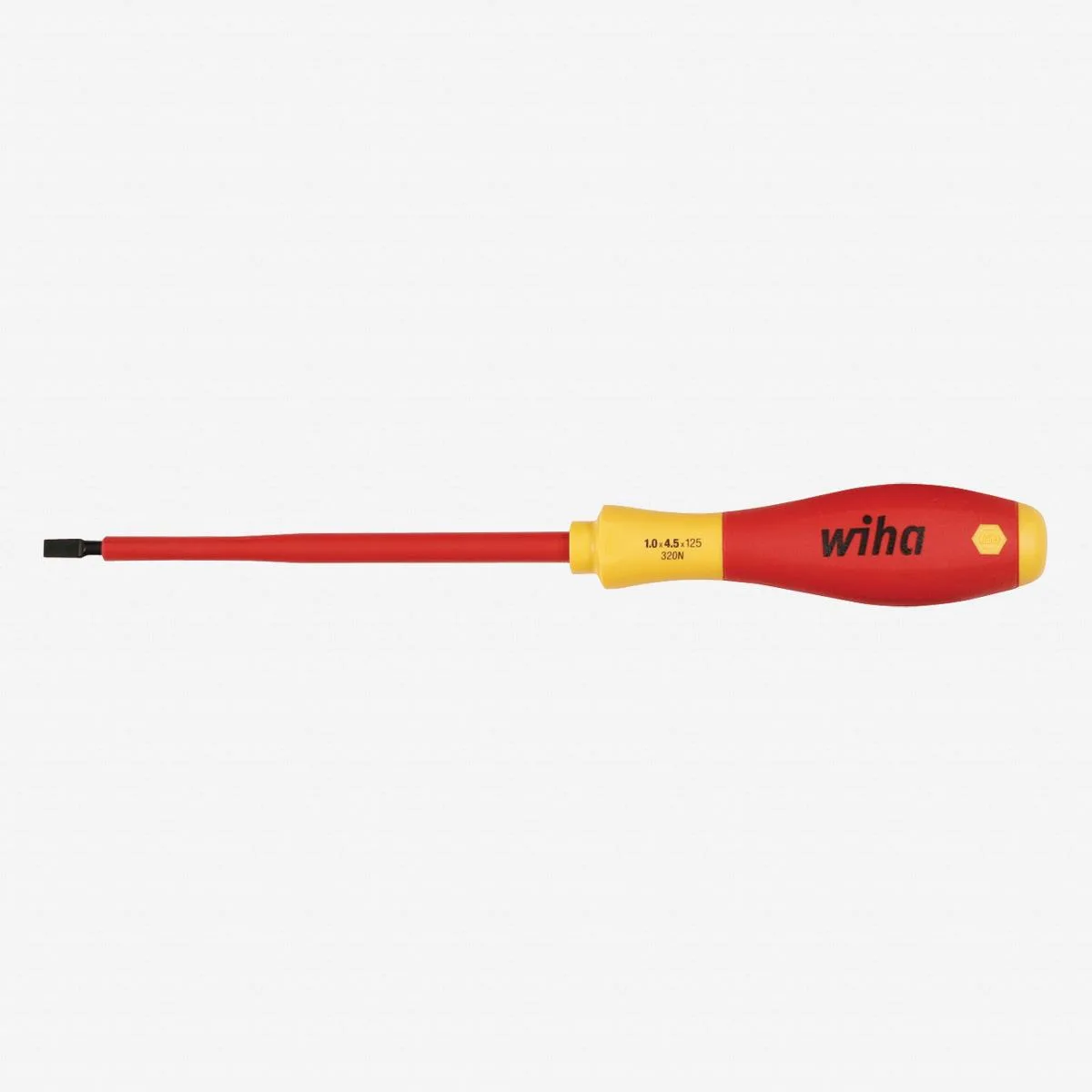 Insulated slotted screwdriver with black oxide tip and shank, red and yellow handle