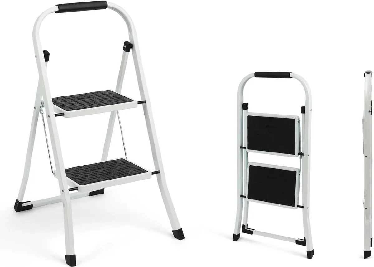 White two-step folding ladder with wide anti-slip steps and steel frame