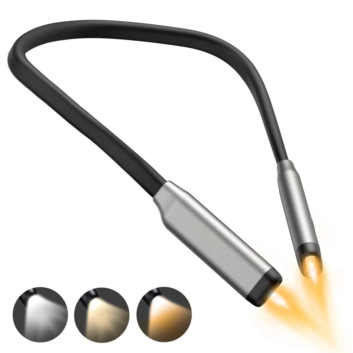 Gray flexible neck-worn LED book light with dual adjustable arms and USB charging