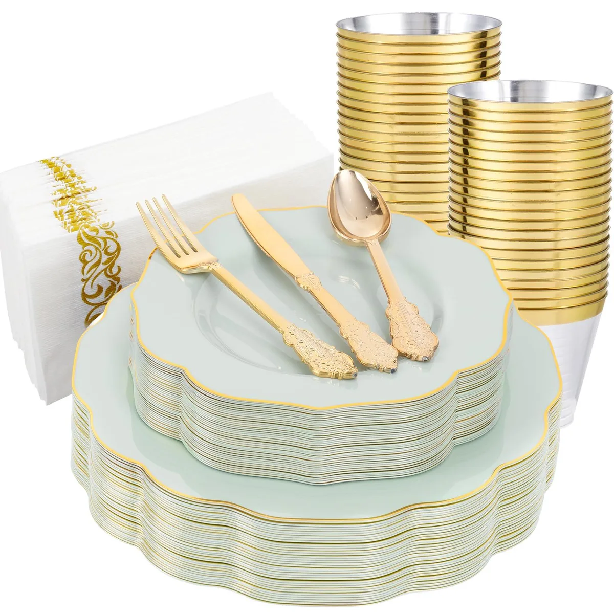 Sage green floral plates with gold trim, gold cutlery, cups and napkins in a box