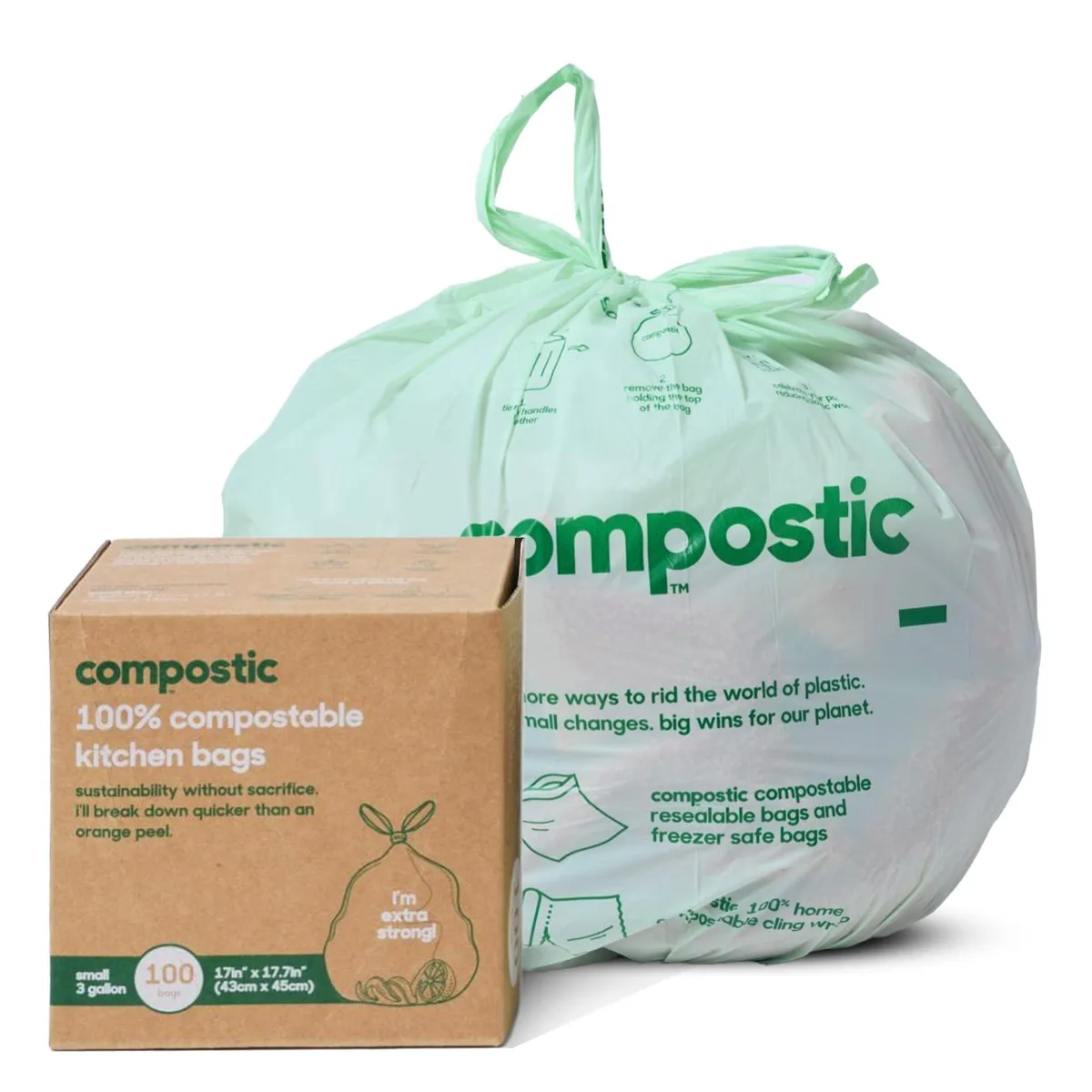 Light green compostable bags in a 100-count pack
