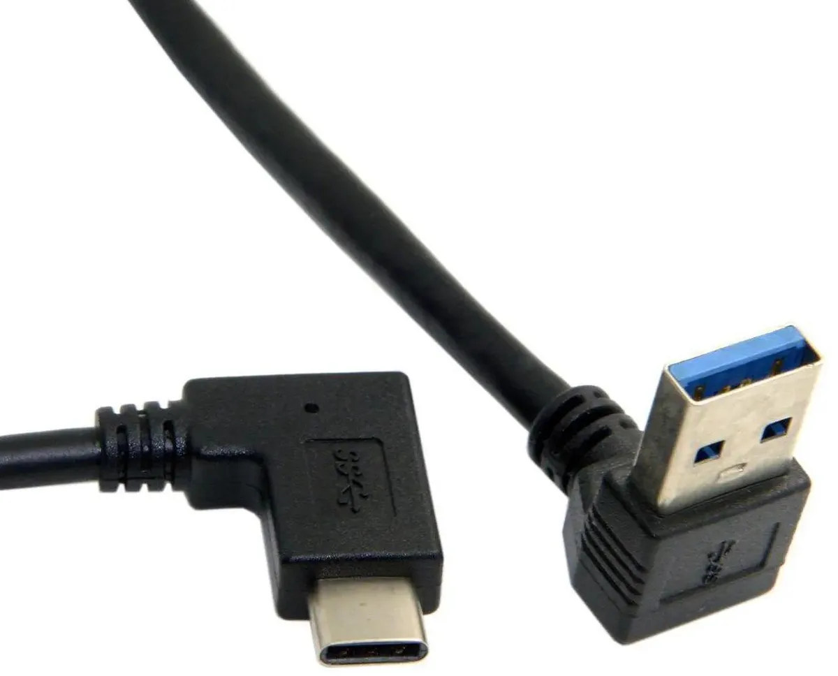 Short USB-C to USB-A cable with 90-degree down-angled connector, 30cm length