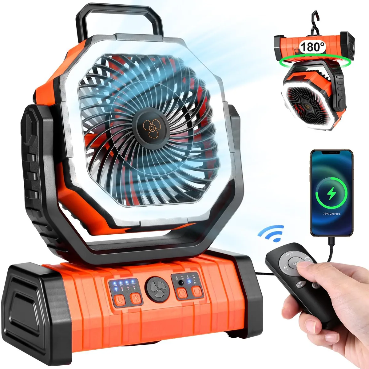 Orange oscillating camping fan with integrated LED lantern, silver metal finish, freestanding base, hanging hook and remote control