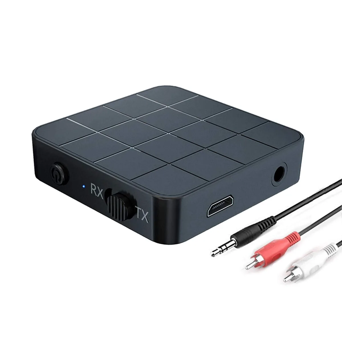 Small square Bluetooth 5.0 adapter with 3.5mm and Micro USB ports
