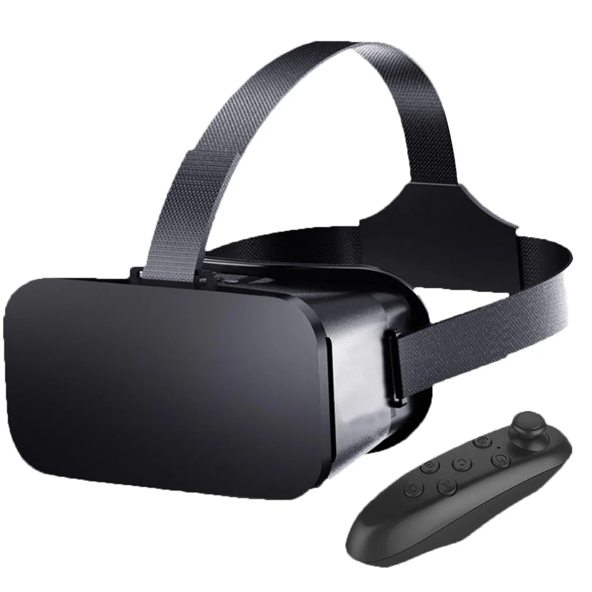 Black plastic phone VR headset with adjustable lenses and head strap, includes Bluetooth controller