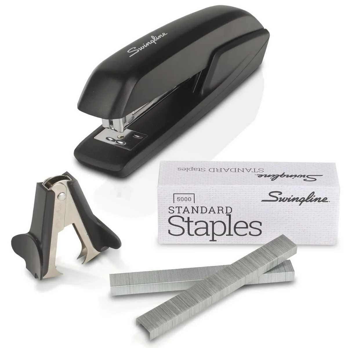 Black plastic desktop stapler with box of 5000 staples and staple remover