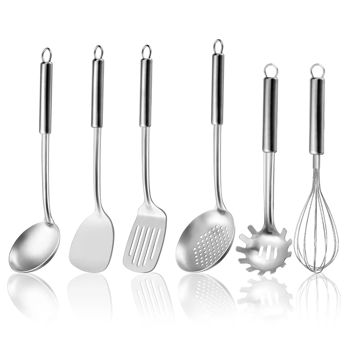 Sixteen stainless steel kitchen utensils with hanging handles in silver finish