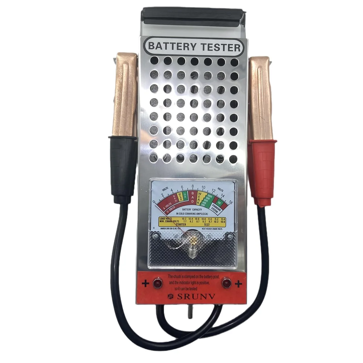Rectangular battery load tester with analogue meter, red and black clips, ventilated case, carrying handle