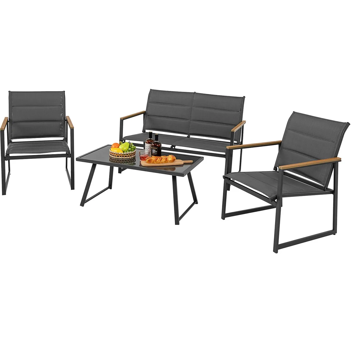 Grey four-piece patio set with loveseat, two chairs and a glass-top table on metal frames