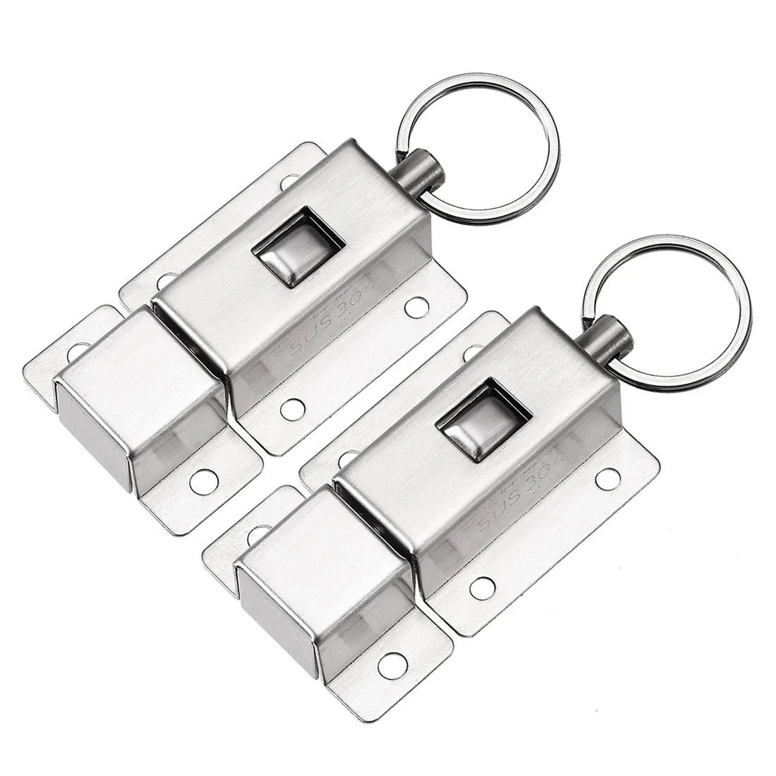Two stainless steel 304 slide bolts with ring pulls and spring buttons, vibration polished finish