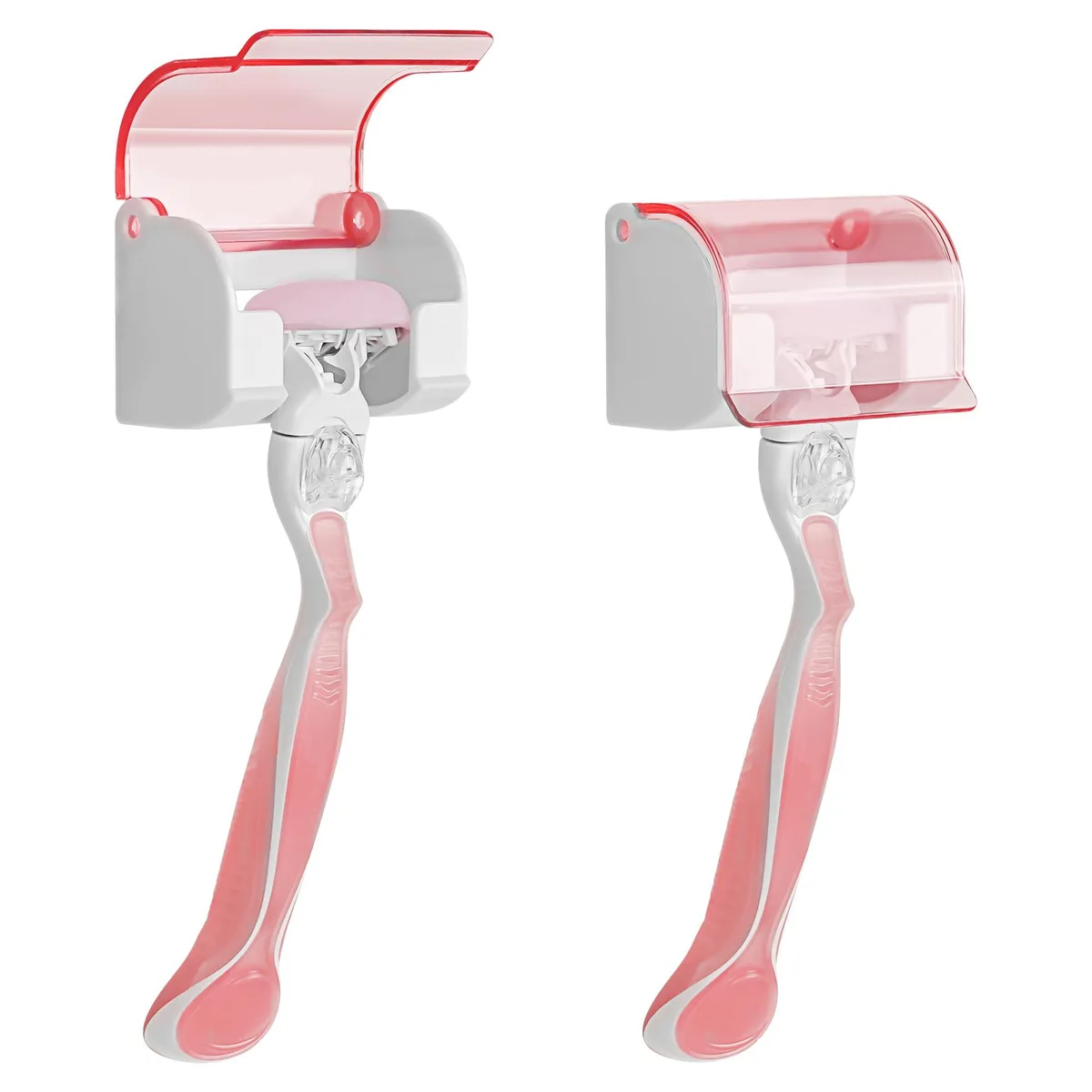 Two clear pink plastic razor holders with flip covers, self-adhesive backing, 2.17 by 1.57 by 1.38 inches each
