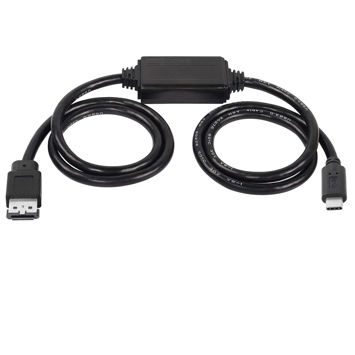 Black USB-C to eSATA adapter cable, male-to-male connectors, 3 ft length