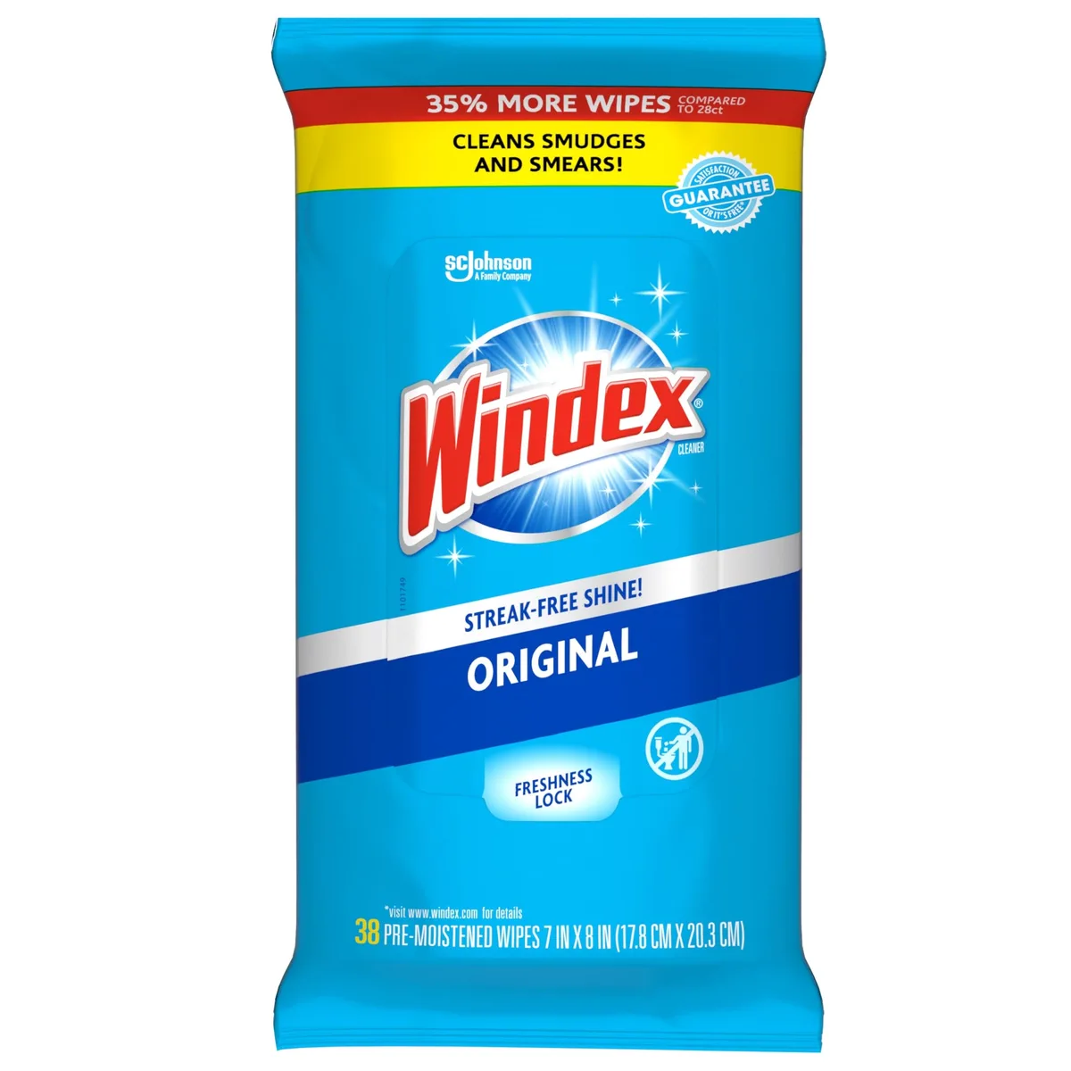 Flat blue plastic pack of 38 pre-moistened glass cleaning wipes