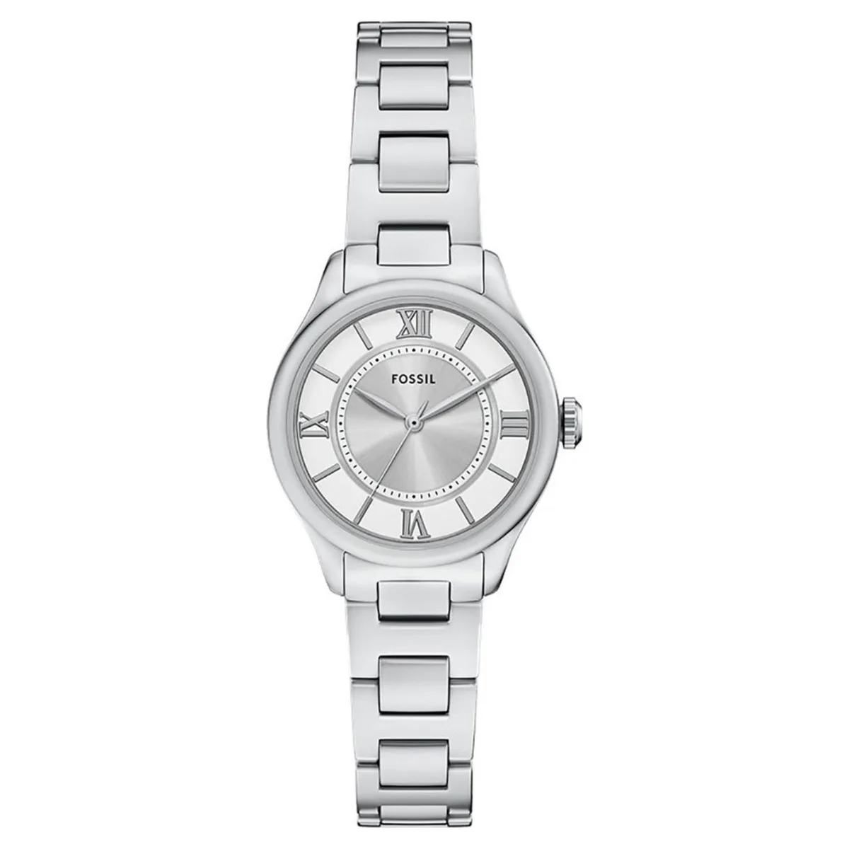 Silver stainless steel watch with silver dial and metal bracelet