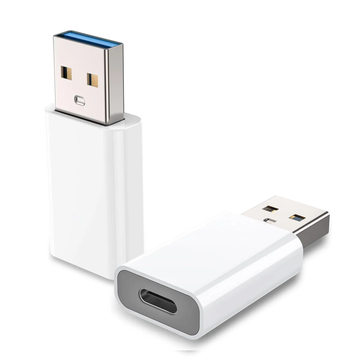 Two small white USB-C to USB-A adapters, each about one point five inches long