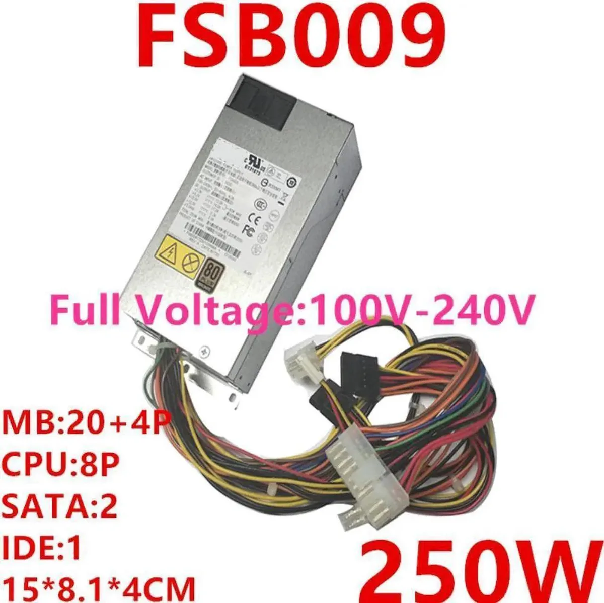 Compact 1U server power supply with EU plug and 24-pin connector