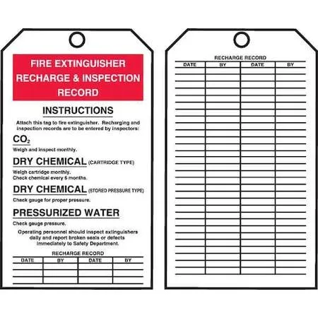 White cardstock fire extinguisher tag, 6 1/4 by 3 inches, unlaminated, 3/8 inch mounting hole, English text on both sides