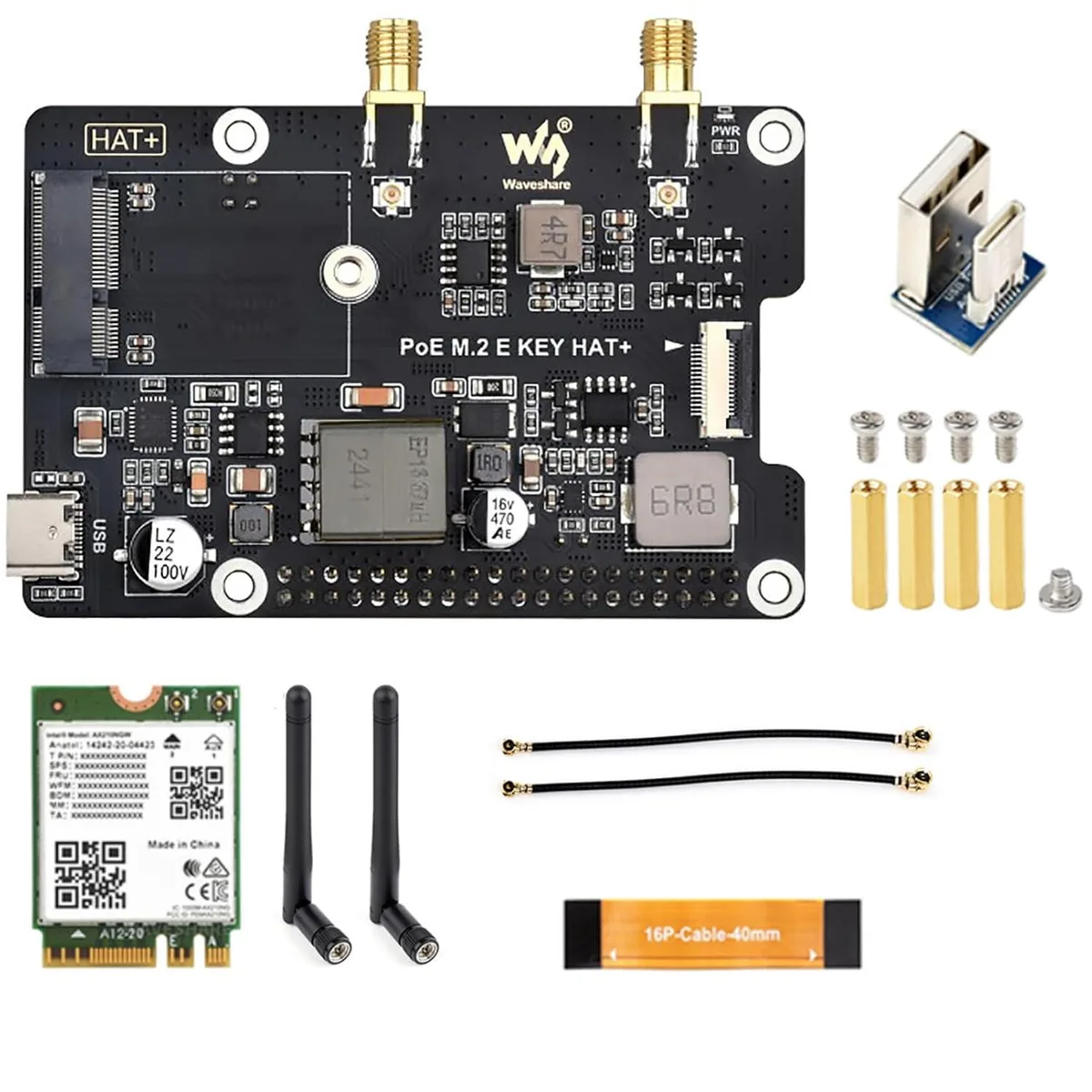 LORDWORLD LORDWORLD PCIe to M.2 E Key Adapter with PoE HAT &amp; Wireless-AX210 for Raspberry Pi 5 — product photo