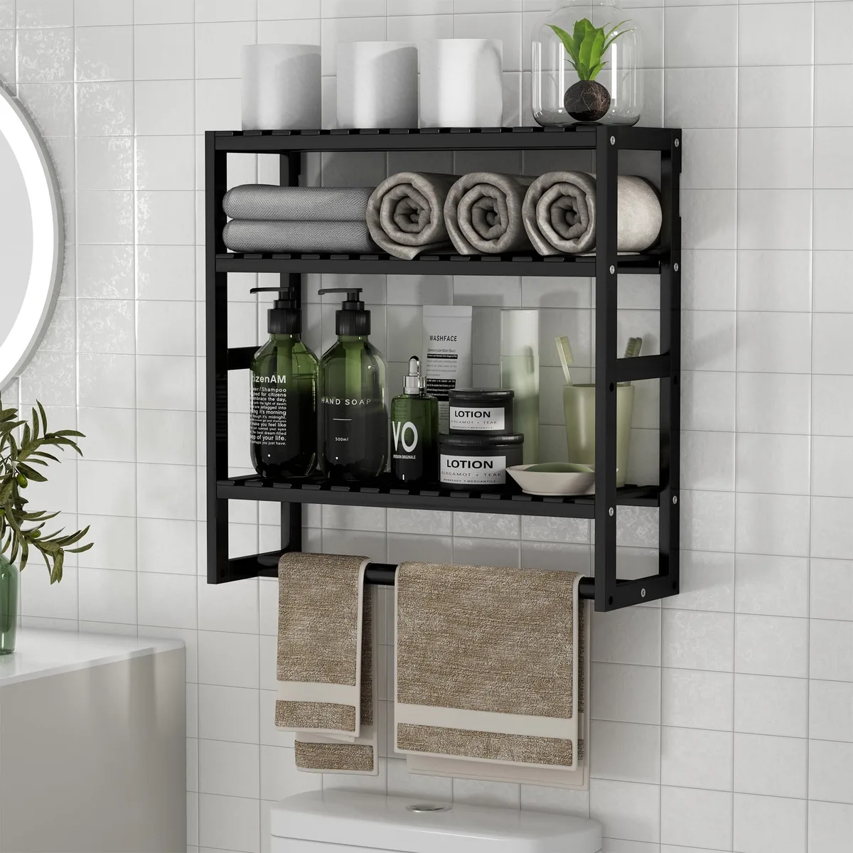  Over-the-Toilet Bamboo Storage Shelf with Towel Bar Black 1Pack — product photo