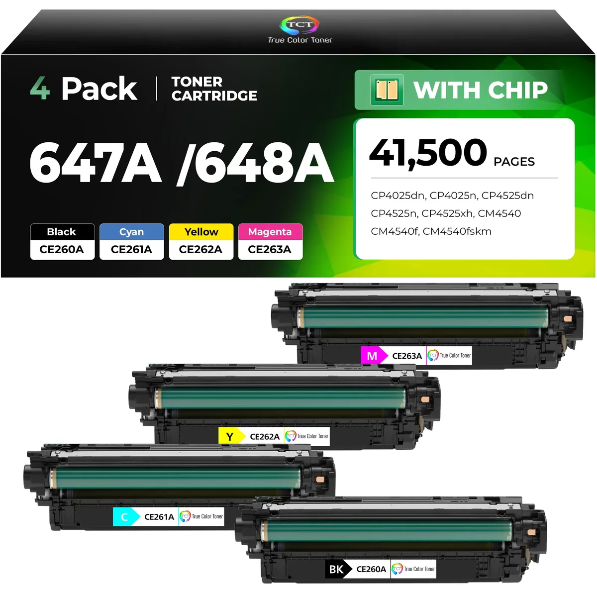 True Color Toner True Color Toner 647A 648A 4-pack toner cartridges CE260A CE261A CE262A CE263A — product photo