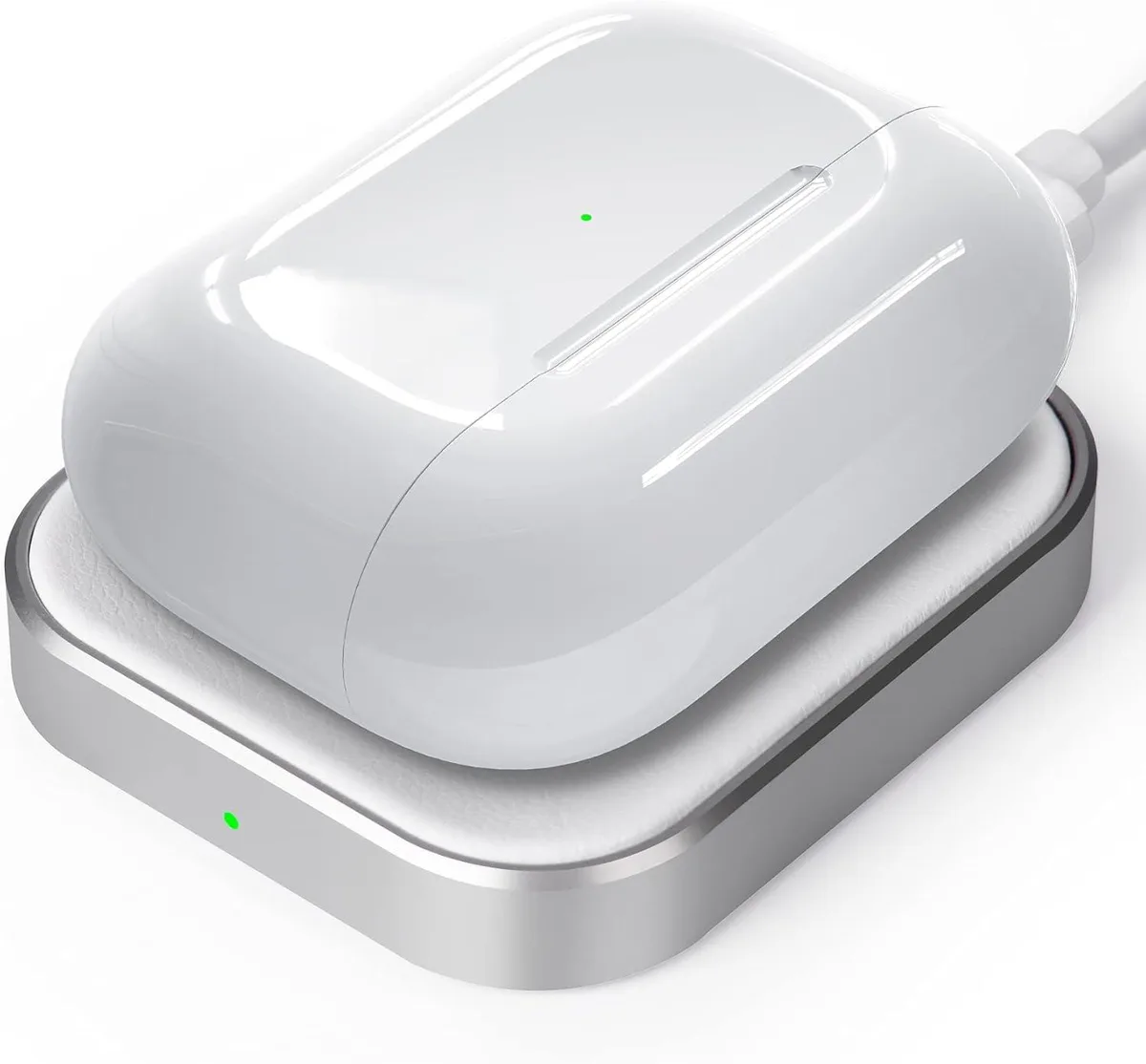 White wireless charging station with alloy and leather finish, compact rectangular shape, USB-C cable included