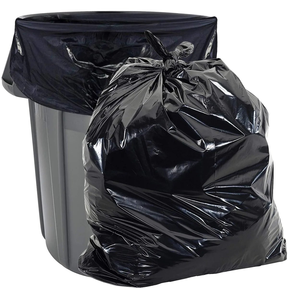 White plastic 55 gallon trash bags flat packed in a 3 pack