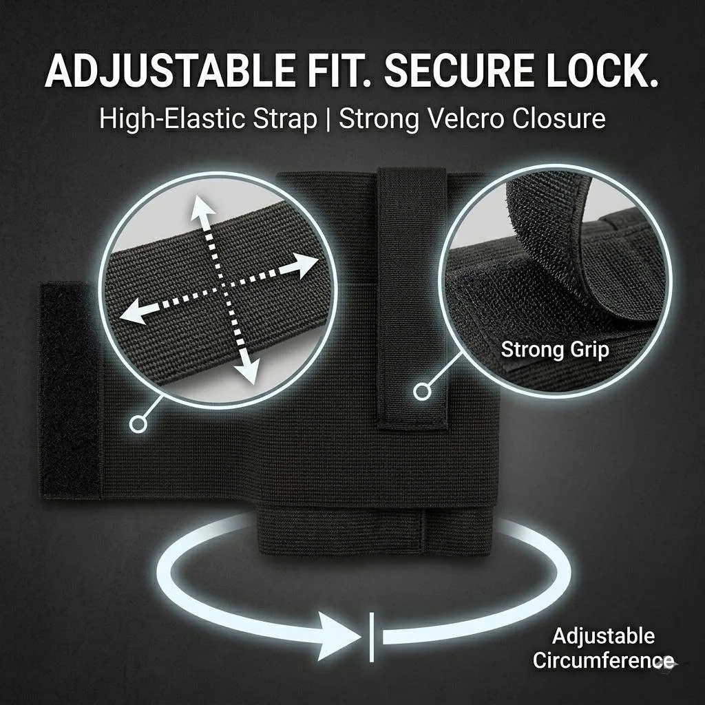 Black polyester ankle holster, one-size wrap design with thumb-break strap