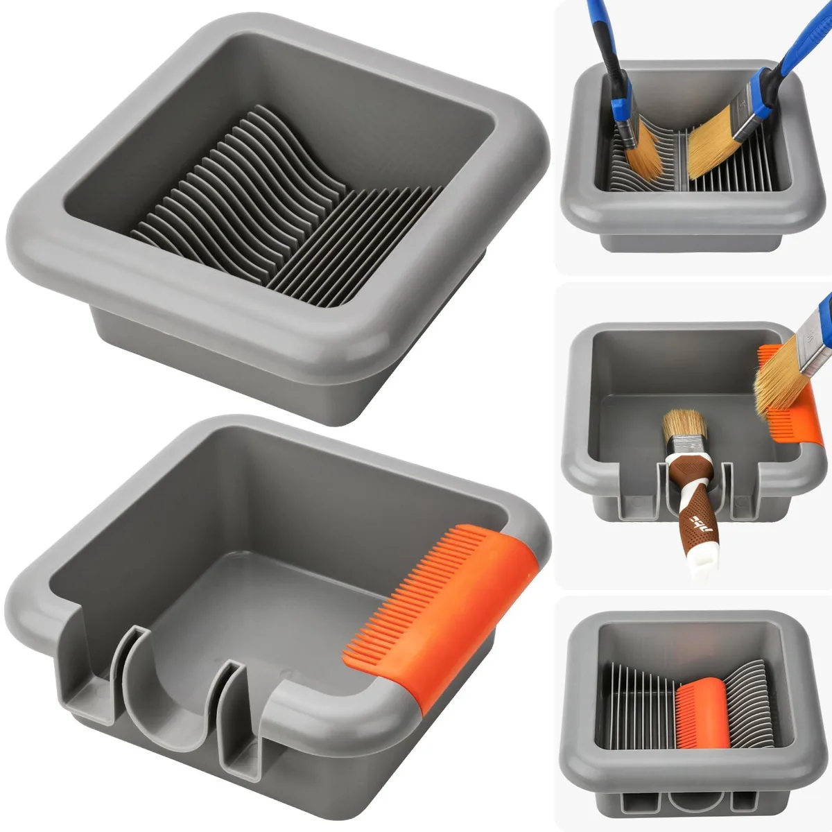 Two black stackable paint brush cleaning trays with ridged surfaces and comb teeth, 8 by 8 by 3.3 inches