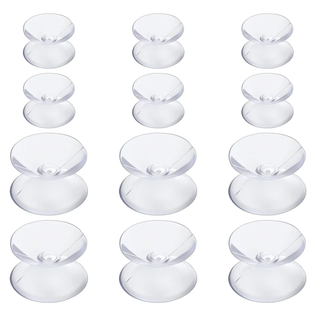 Twelve clear double-sided PVC suction cups in 30 mm and 40 mm diameters