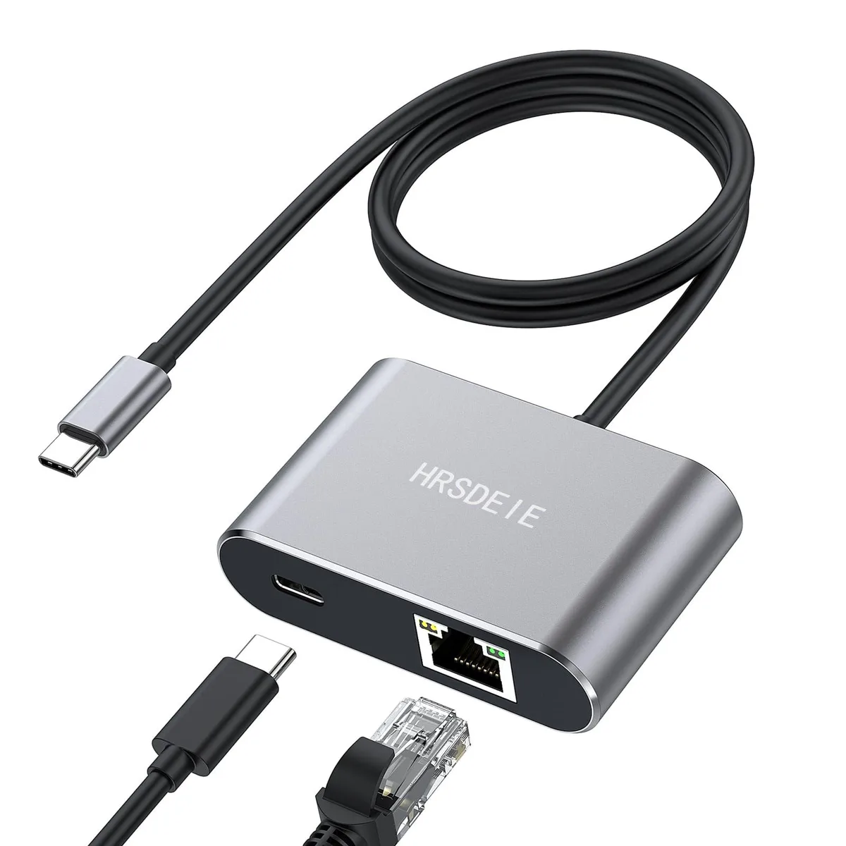 Compact USB-C gigabit Ethernet adapter with chrome finish, 50 cm cable and 60 W power delivery port