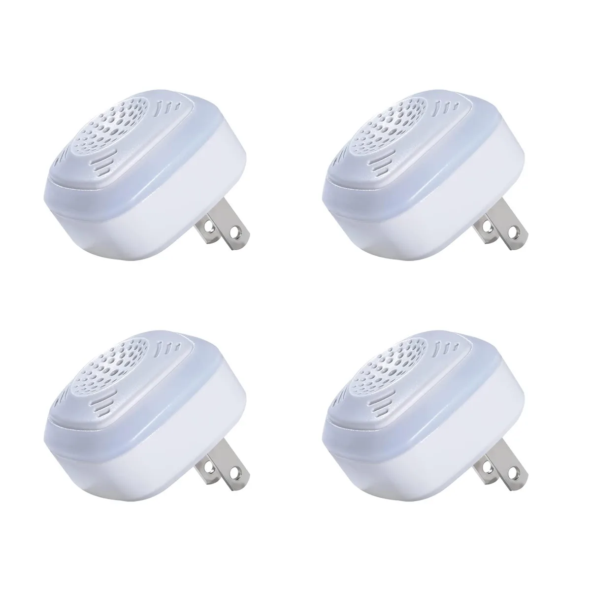 Four white plastic plug-in ultrasonic repellers with night lights